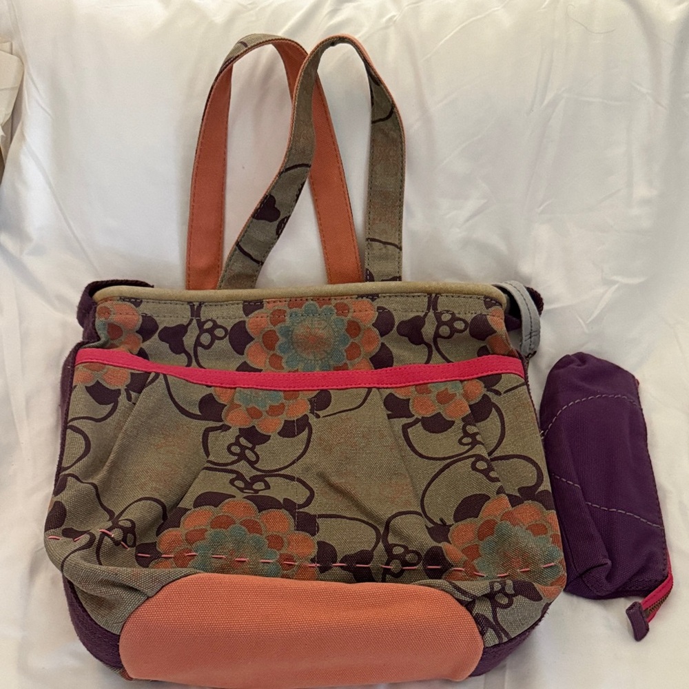 Floral Patterned Tote Bag with Orange and Purple Accents